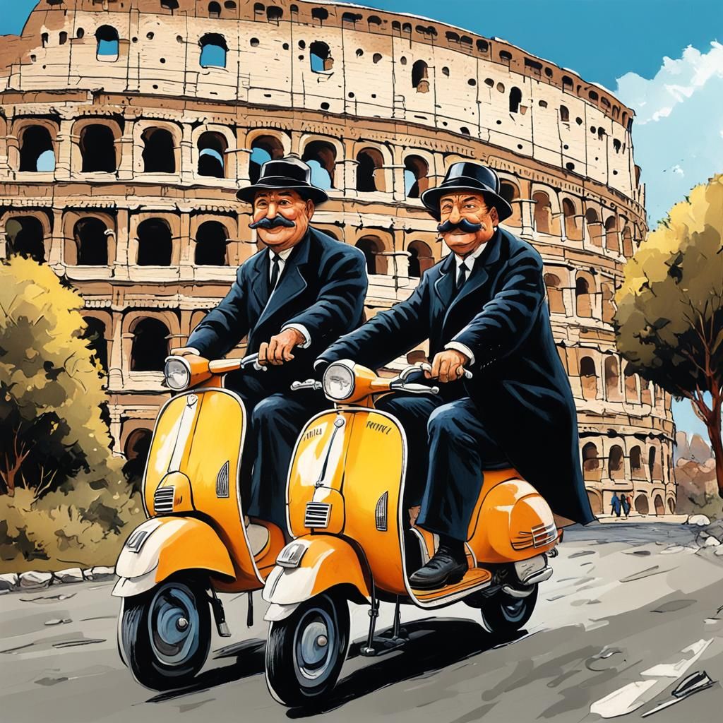Thompson and Thomson,  the twin brothers and incompetent detectives from TinTin comics ride Vespa in Rome.