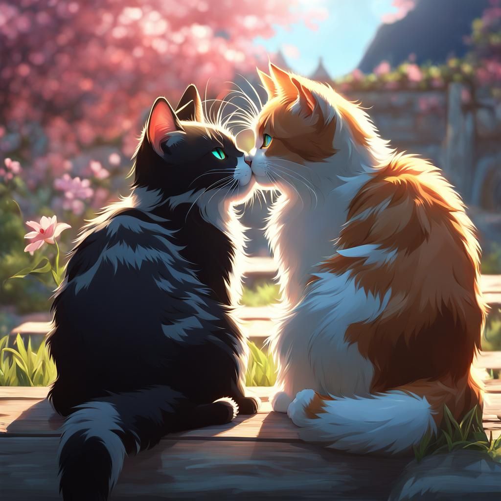 Cats Kissing: Detailed 3D Anime Art