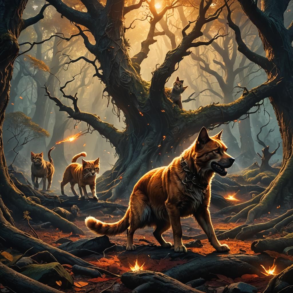 Mystical Forest Battle: Cat Versus Dog