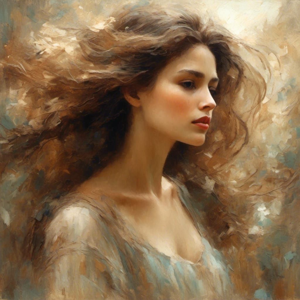 Ethereal Portrait of Woman with Flowing Brown Hair