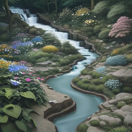 Idyllic Rock Garden Stream in Impressionist Gouache Style