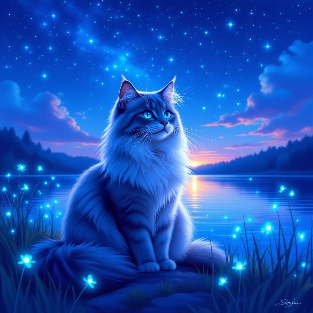 Russian Blue Cat by Glowing Lake, Dreamy Digital Art
