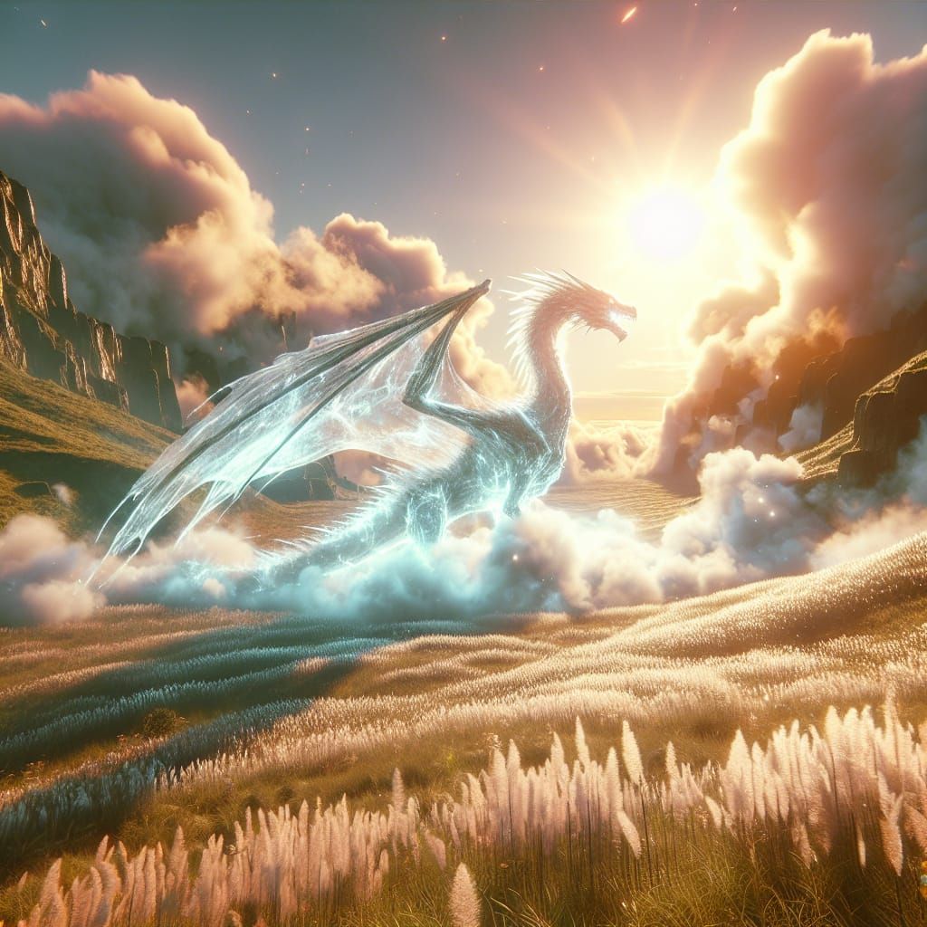 Ghostly Dragon Emerges from Fog in Sunny Meadow