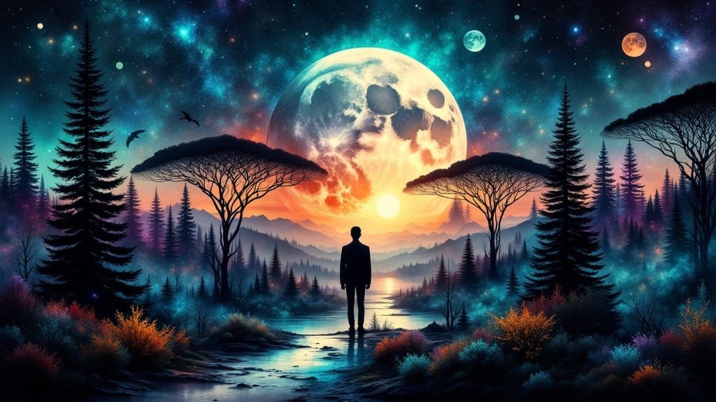 Surreal Forest Moonscape in Double Exposure Style