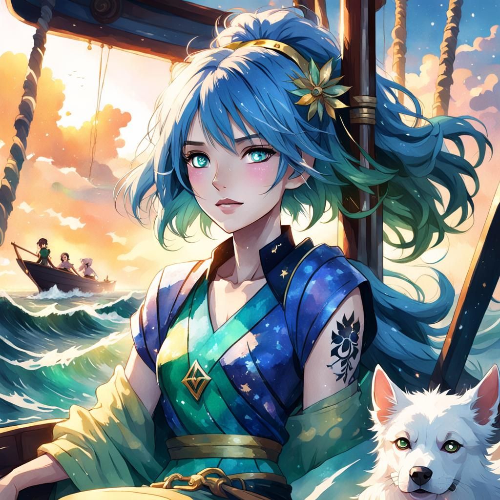 Girl on Boat in Ocean: Watercolor Anime Art