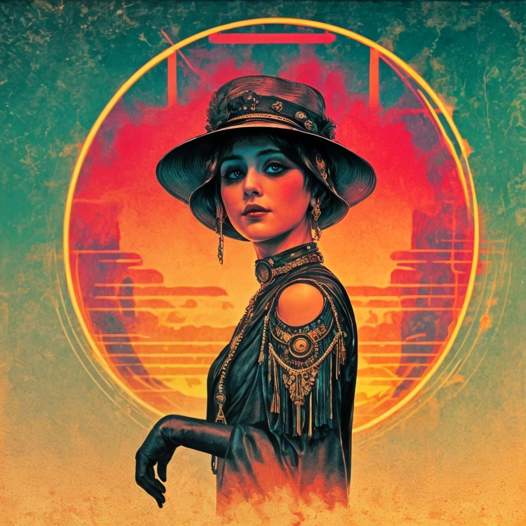 Flapper Queen in Retro Steampunkwave Aesthetics