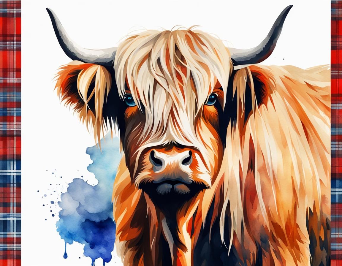 Highland Cow and Girl Watercolor Painting