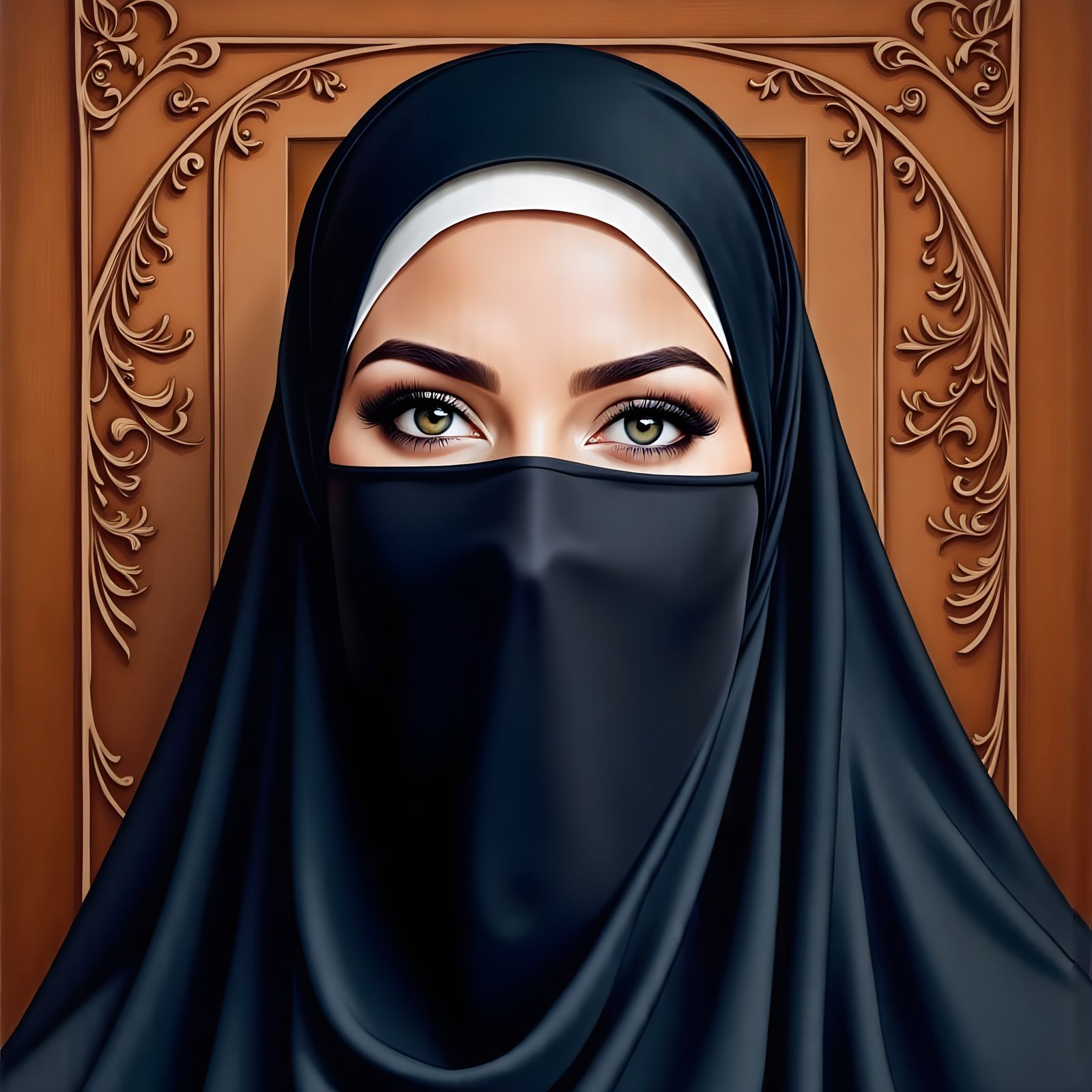 Surreal Portrait of a Beautiful Niqabi Woman in a Cozy Setti...