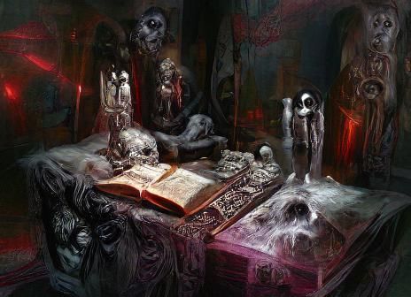 Sinister Ancient Book on Altar in Dark Fantasy