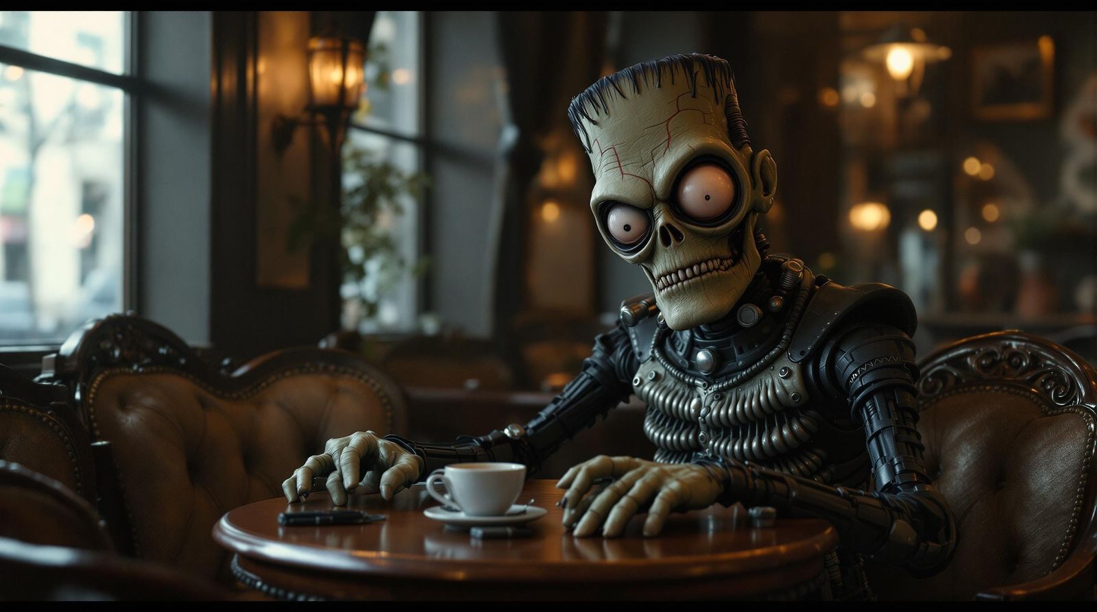 Giant-Eyed Frankenstein Monster at Cafe: 3D Render