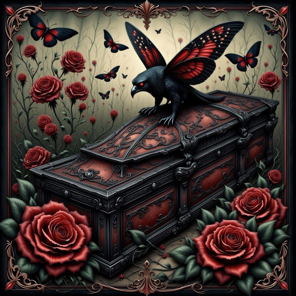 Victorian Gothic Coffin Tattoo Style with Dark Roses