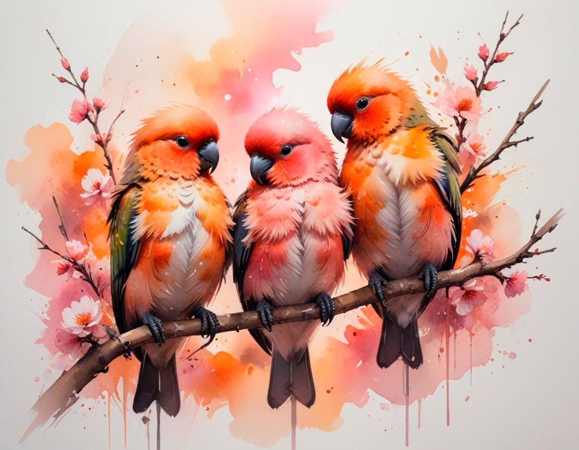Lovebirds on Branch at Sunset, Soft Watercolor Style