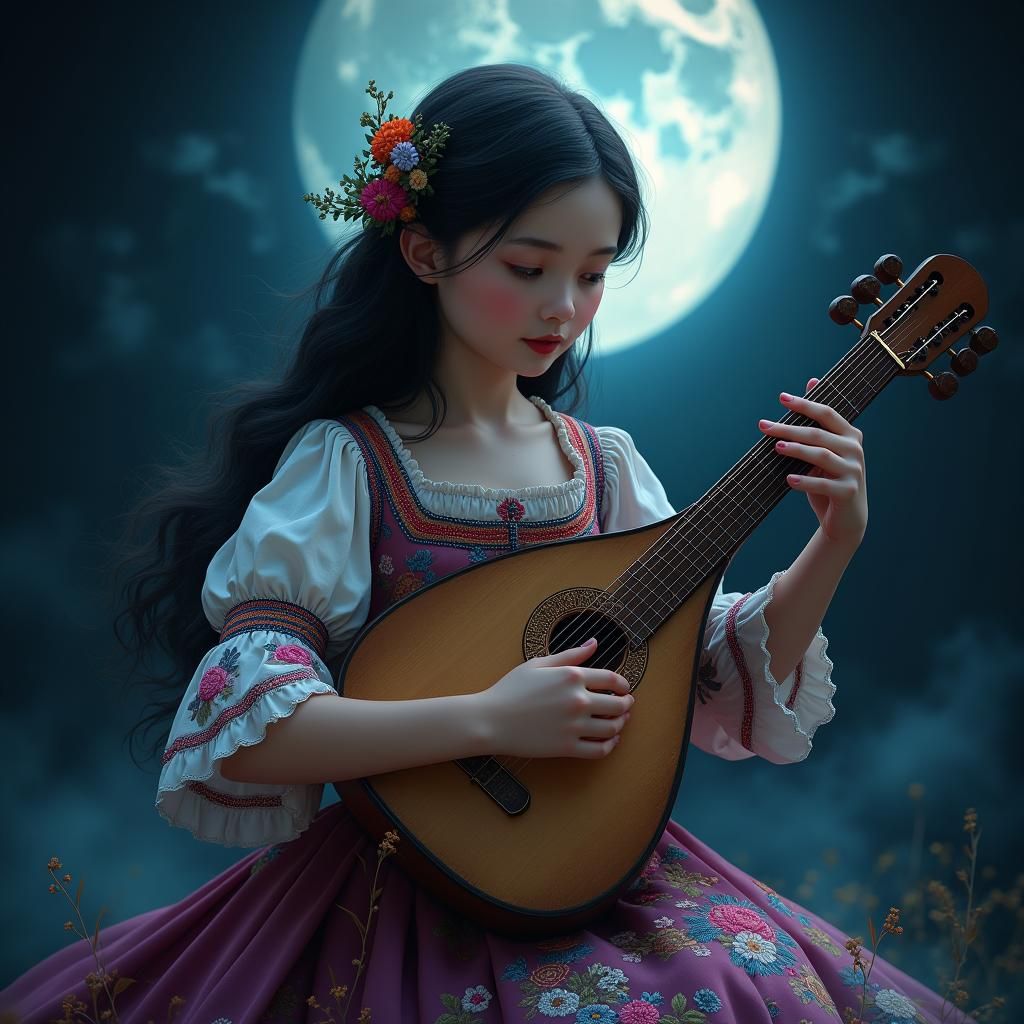 Hungarian Girl with Lyre in Moonlit Fantasy