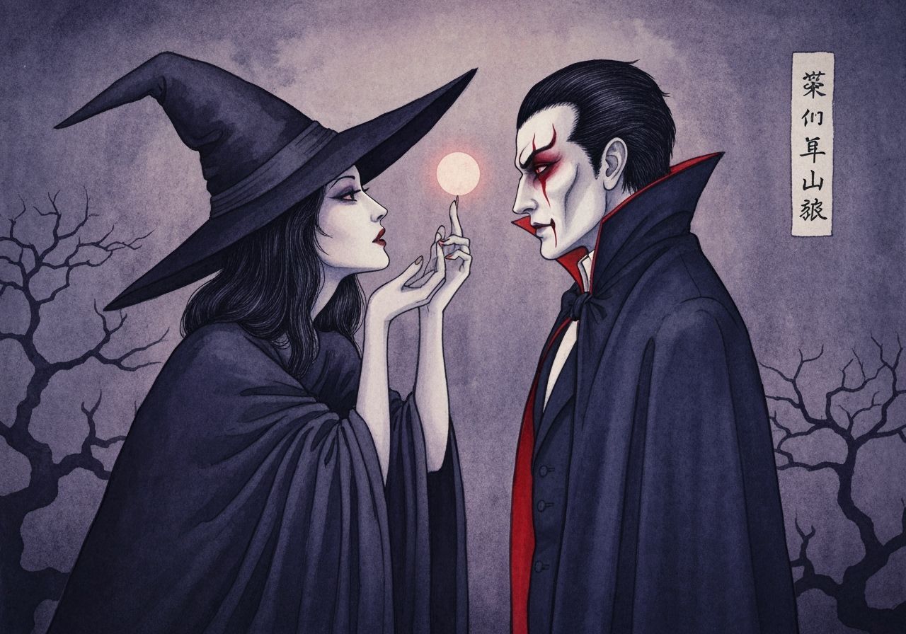 Witch's Epiphany Gazing at Vampire in Surreal Watercolor