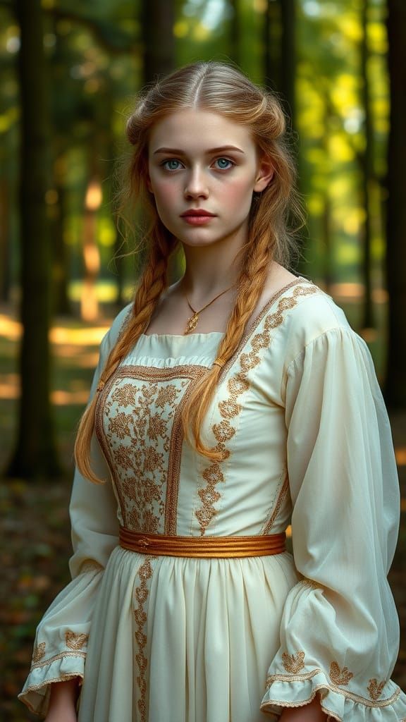 Noblewoman in Forest Clearing, Pre-Raphaelite Style
