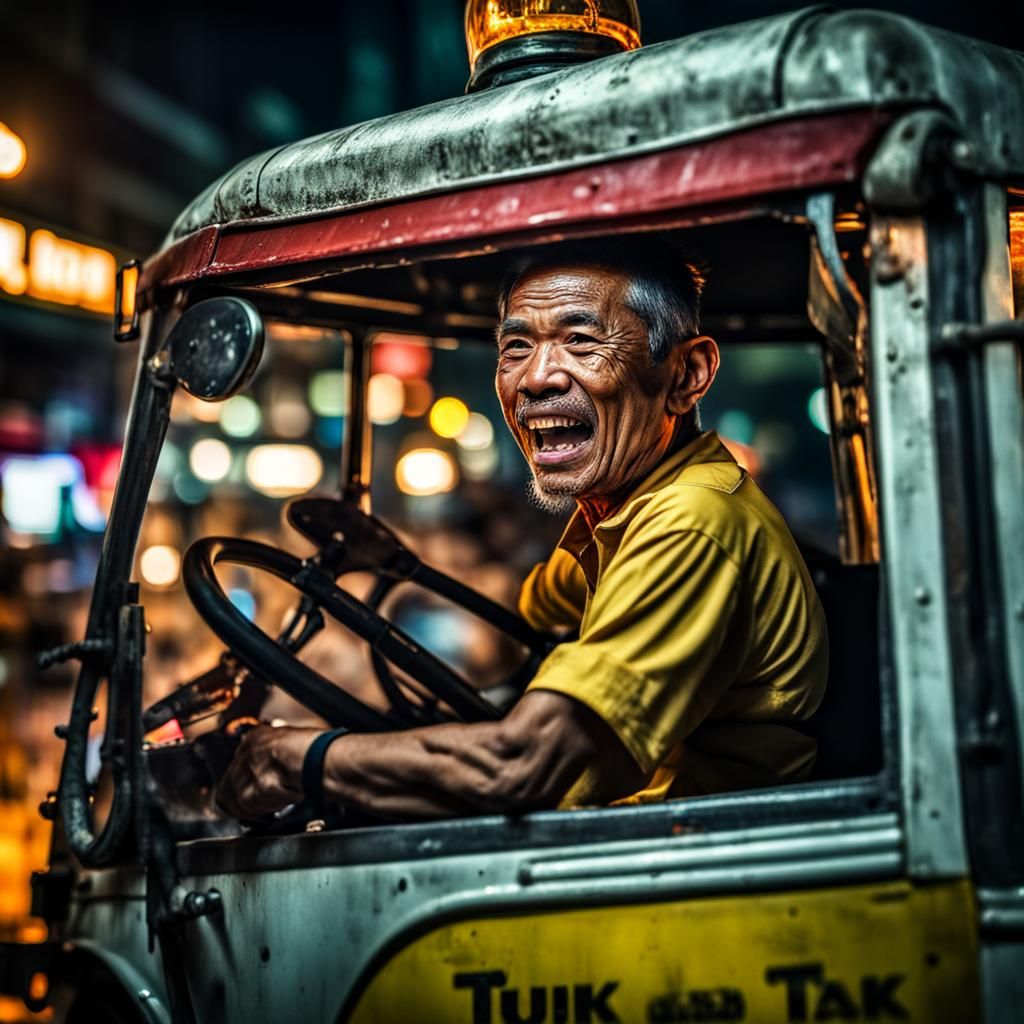 Hyperrealistic Tuk Tuk Driver in Bangkok at Night