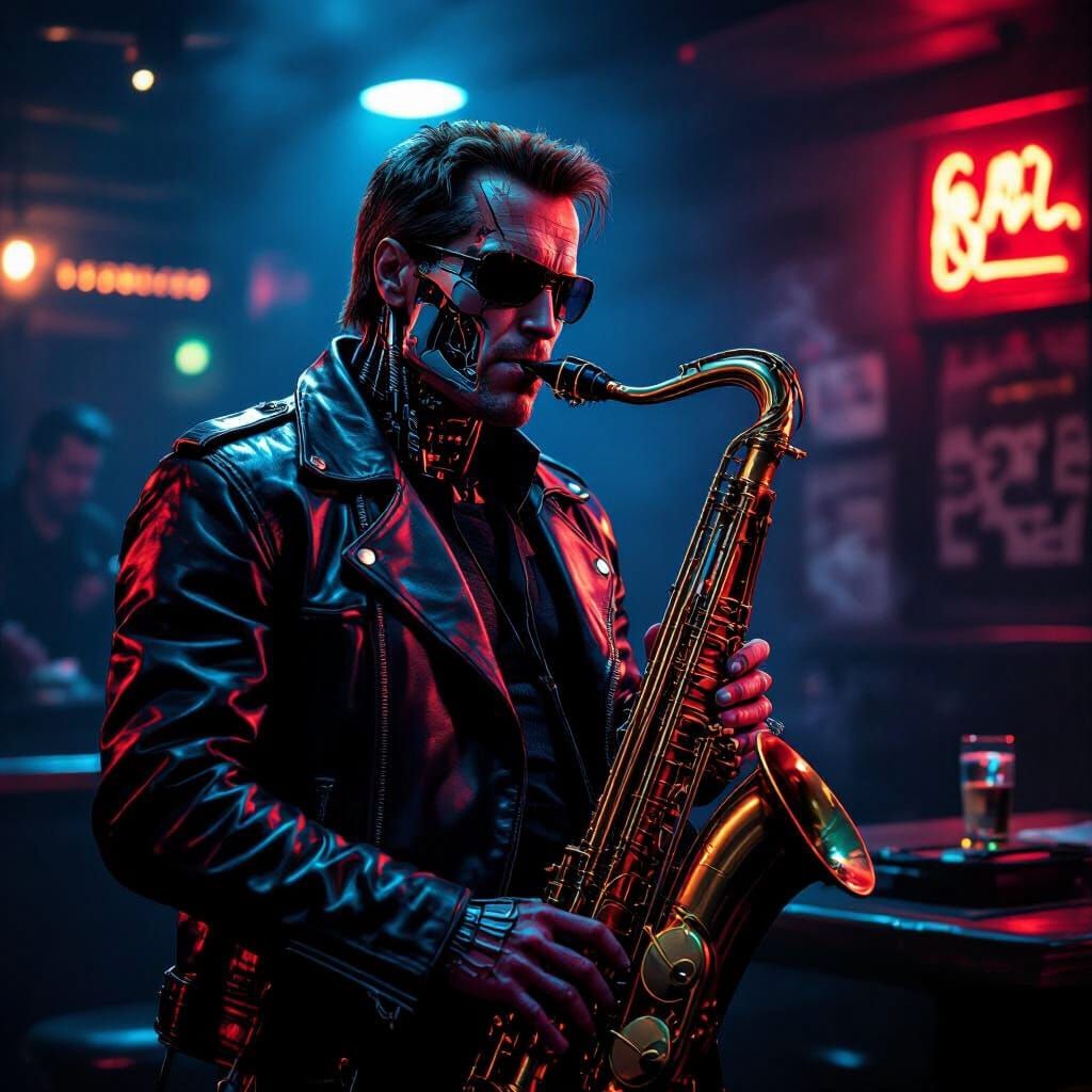 Terminator Saxophone Solo in Smoky Tech Noir Club