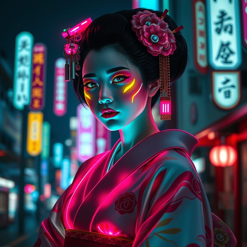 Cyberpunk Geisha with Neon Kimono in Futuristic Japan