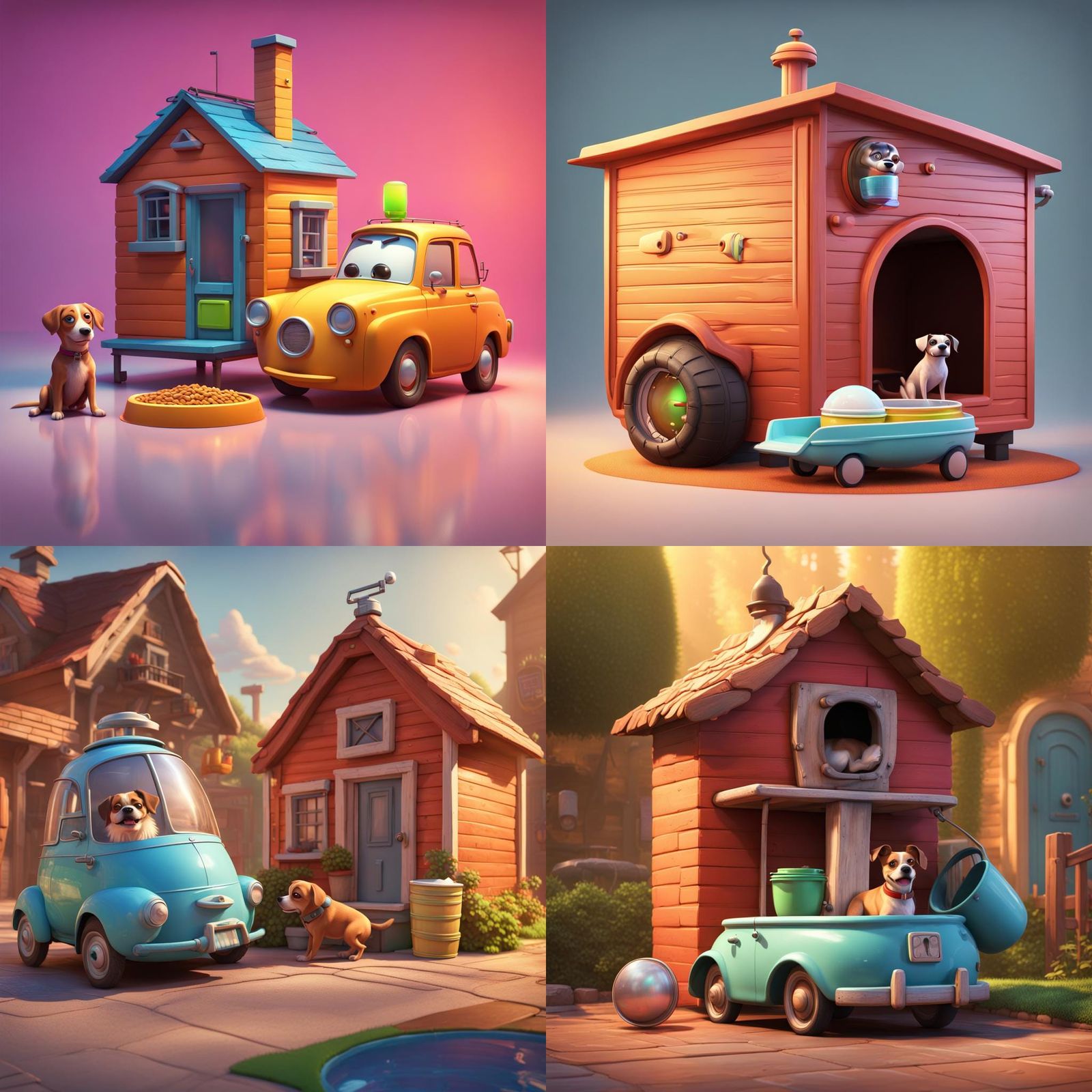 Dog House with Water Car: Pixar-Style 3D Art