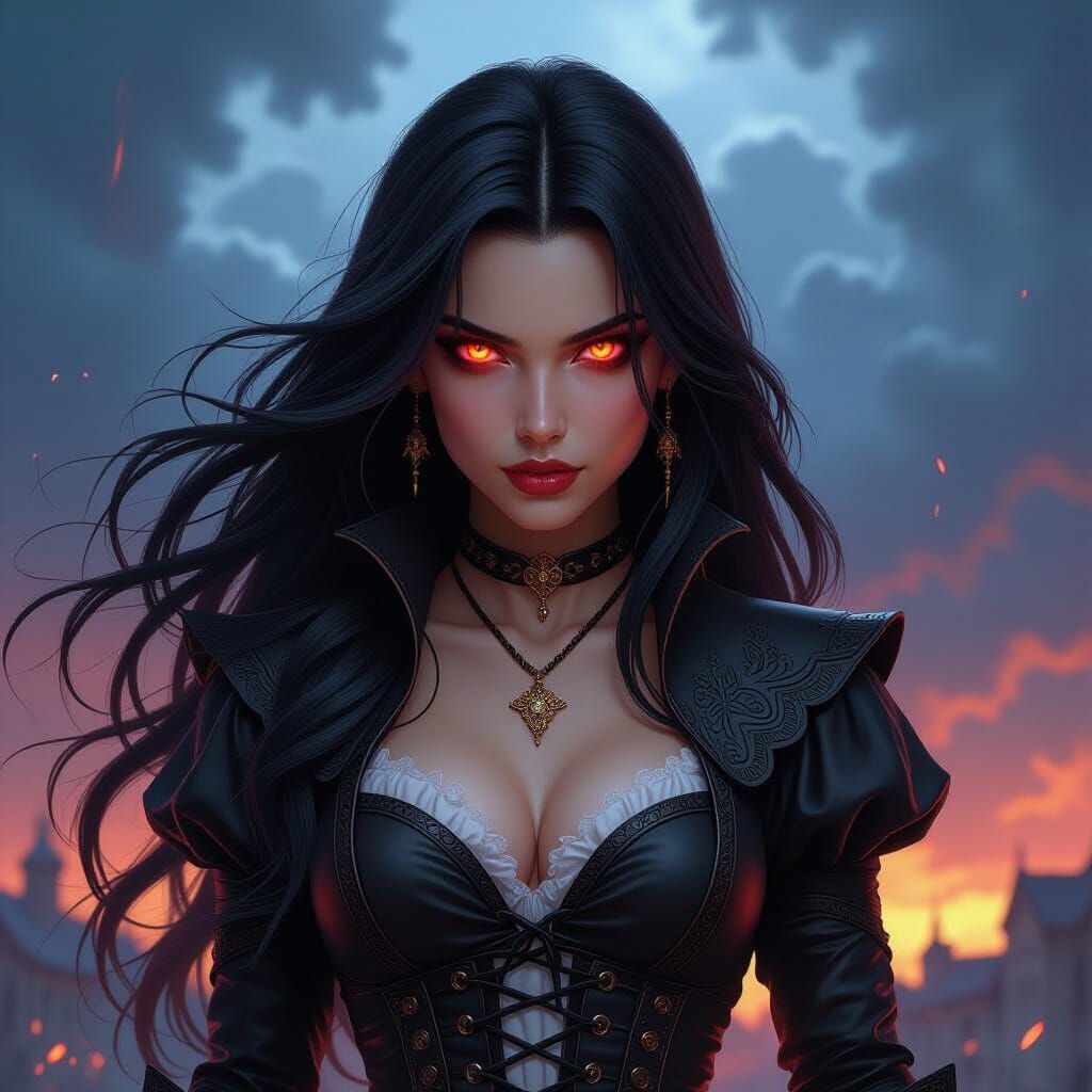 Powerful Witch Woman in Stormy Sky, Hyper-Realistic Poster