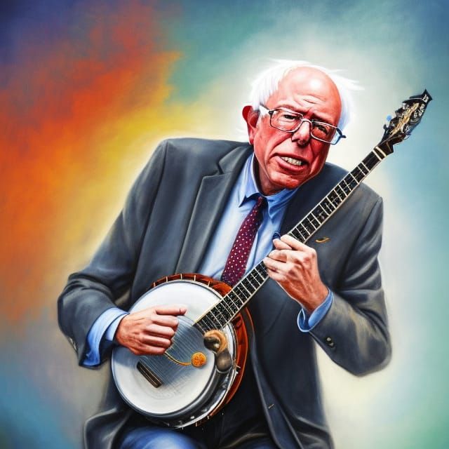 Bernie Sanders Shreds Funky Banjo in Vibrant Hyperrealism
