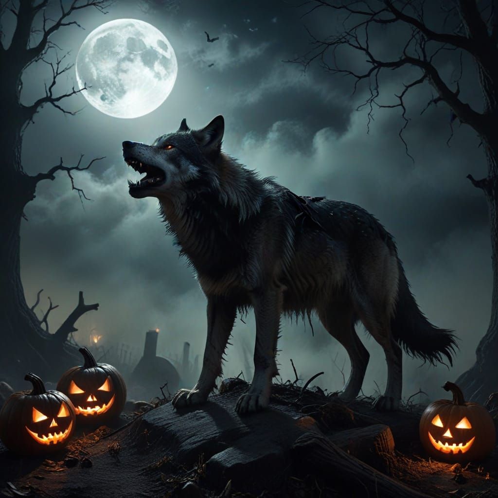 Gothic Pirate Wolf Howls Under Halloween Full Moon