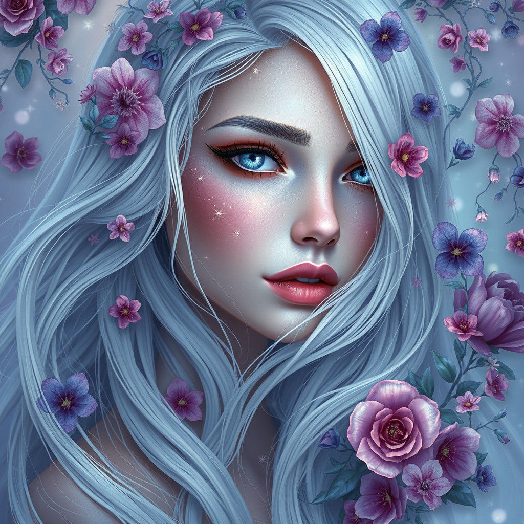 Ethereal Woman Surrounded by Flowers in Matte Painting Style