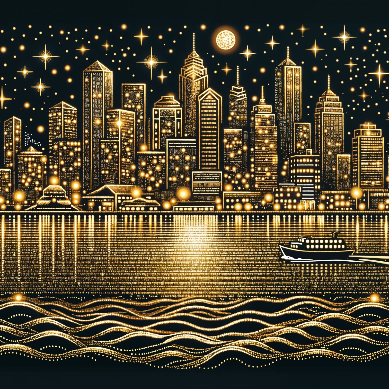 Golden City Skyline at Night in Dot Art Style