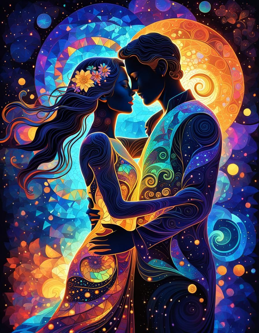 Beautiful Couple Embracing in Klimt-Inspired Mosaic