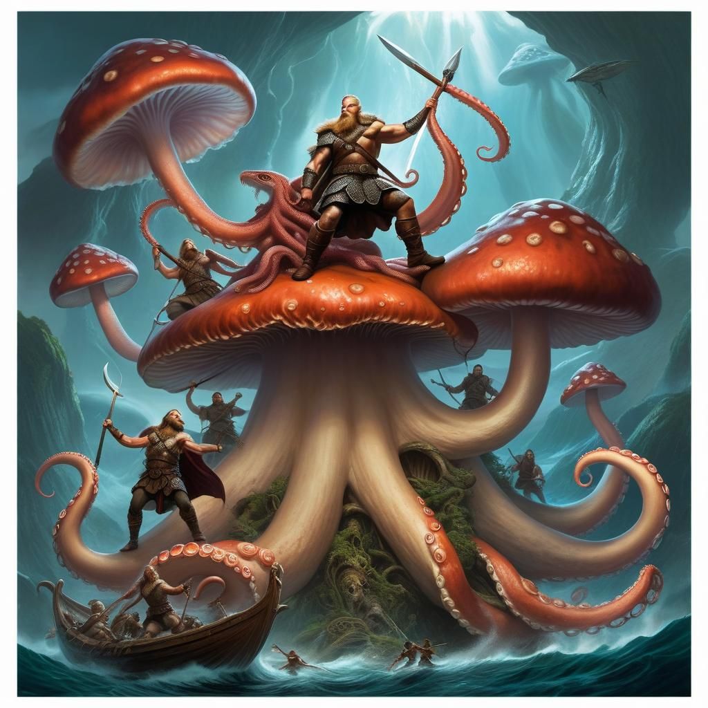 Viking Warriors vs Octopus on Mushroom, Fantasy Illustration