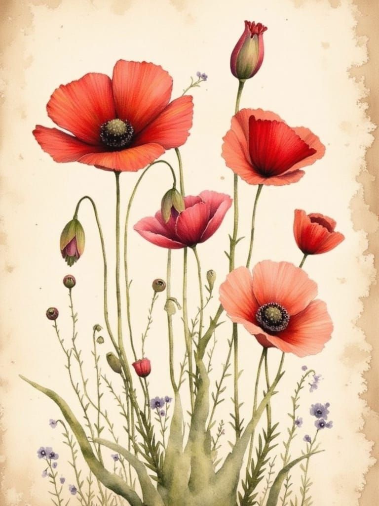 Watercolor Red Poppies in Distressed Vintage Style