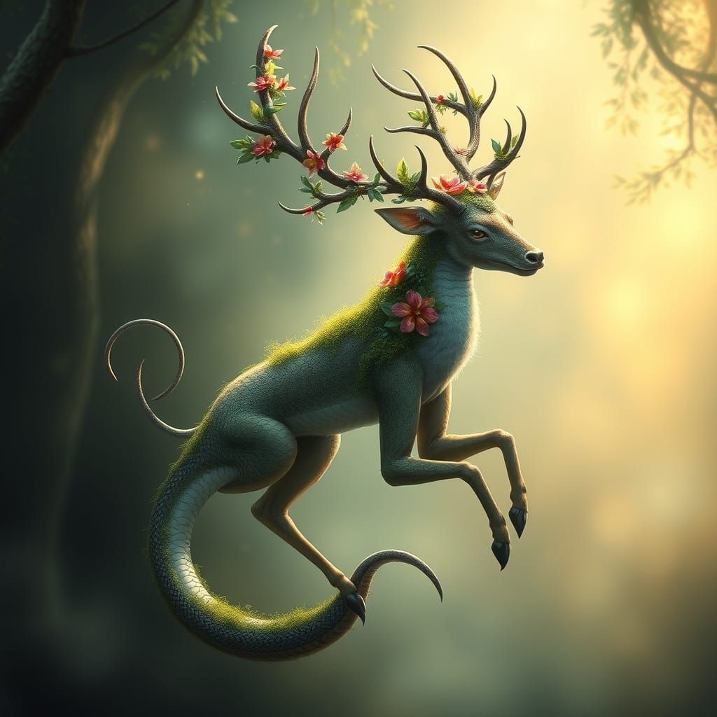 Ethereal Serpent-Deer Hybrid in Luminous Woodland Fog