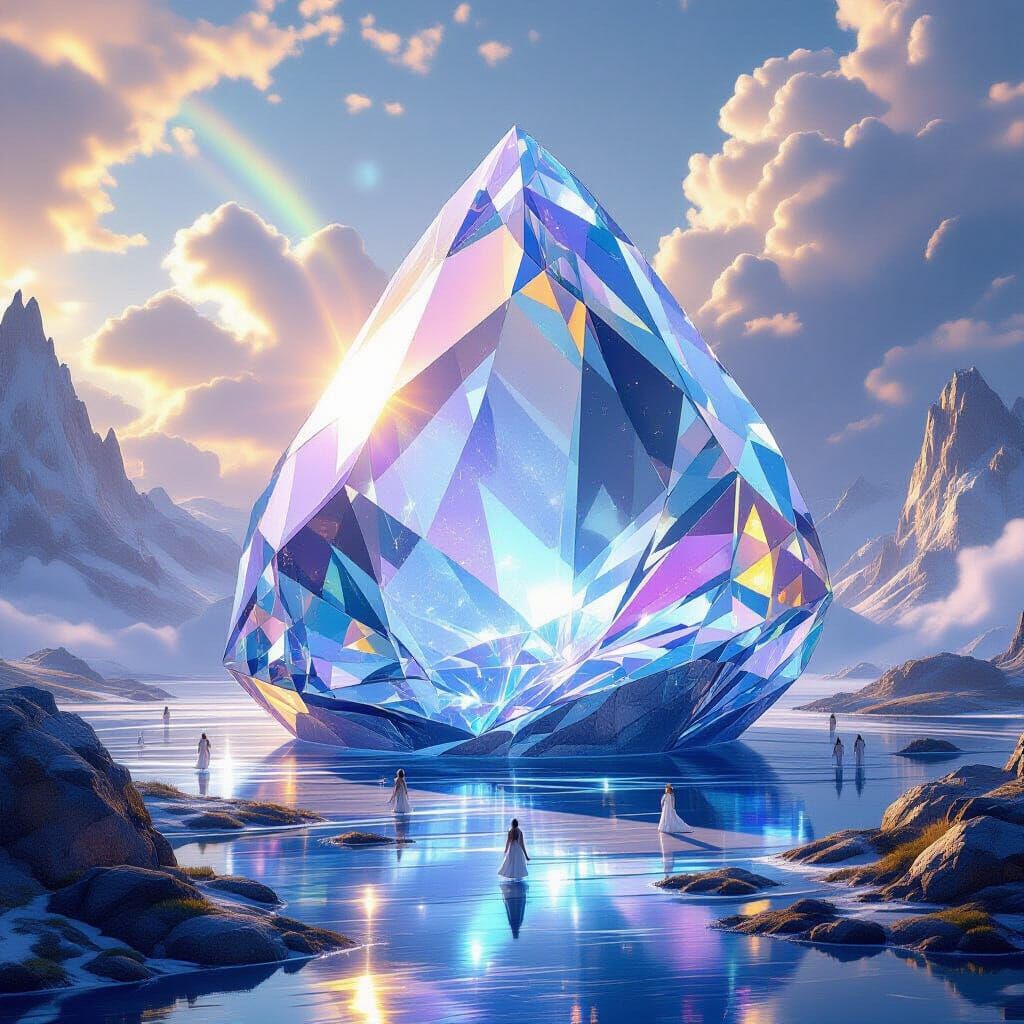Giant Mountain Diamond with Enchanted Figures in Dreamlike L...