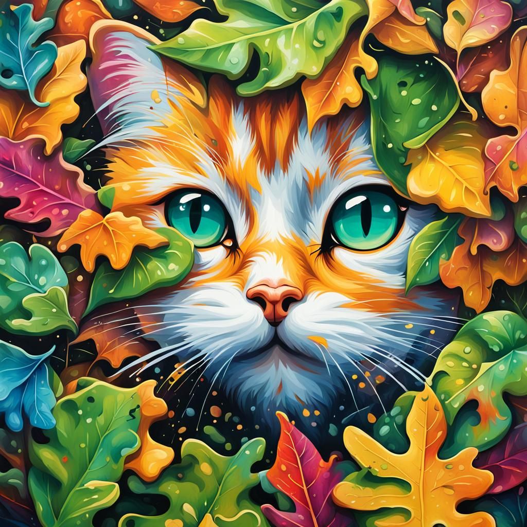 Cute Cats in Leaves: Graffiti Street Art