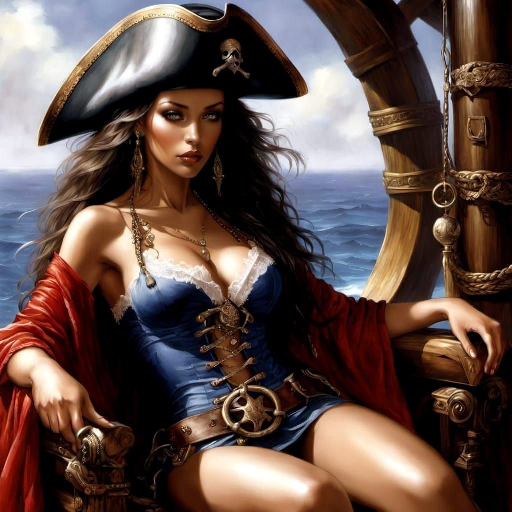 Caribbean Pirate Queen on Throne, Digital Oil Illustration