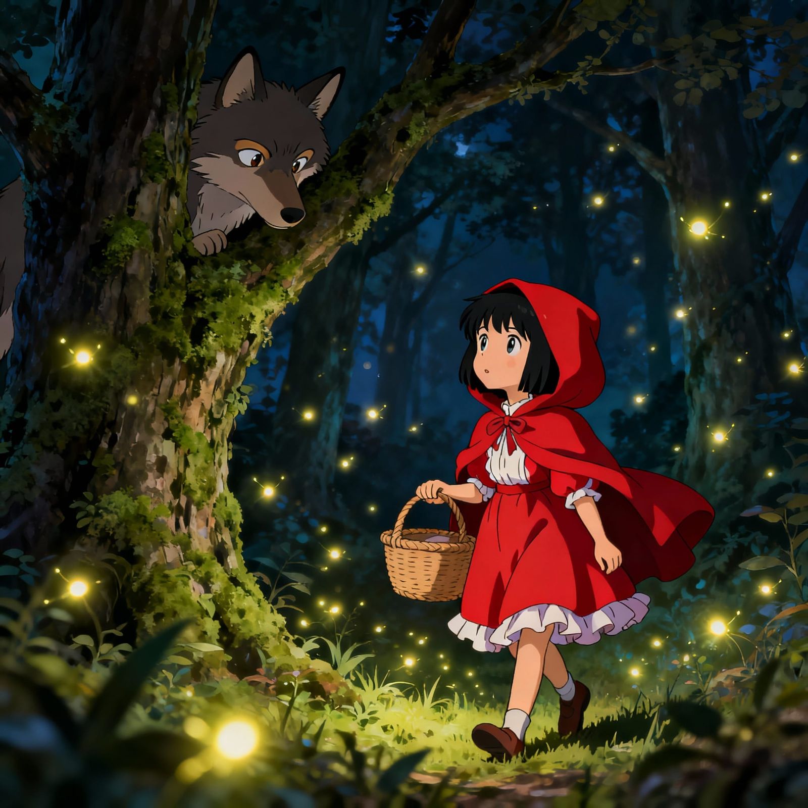 Anime Little Red Riding Hood in Magical Forest at Night