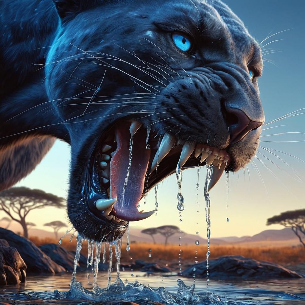 Blue Panther Drinking: Hyper-Realistic Fantasy Art