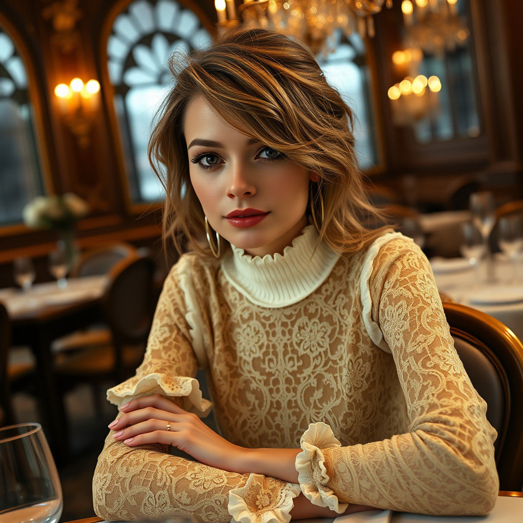 Elegant Woman in Yellow Lace Dress, Matte Painting