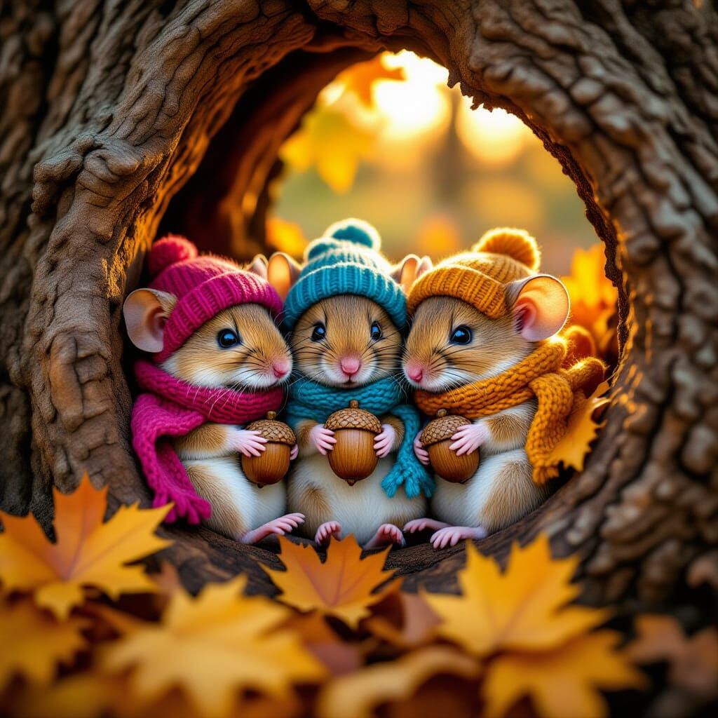 Cozy Mice in Oak Tree Hollow During Golden Hour