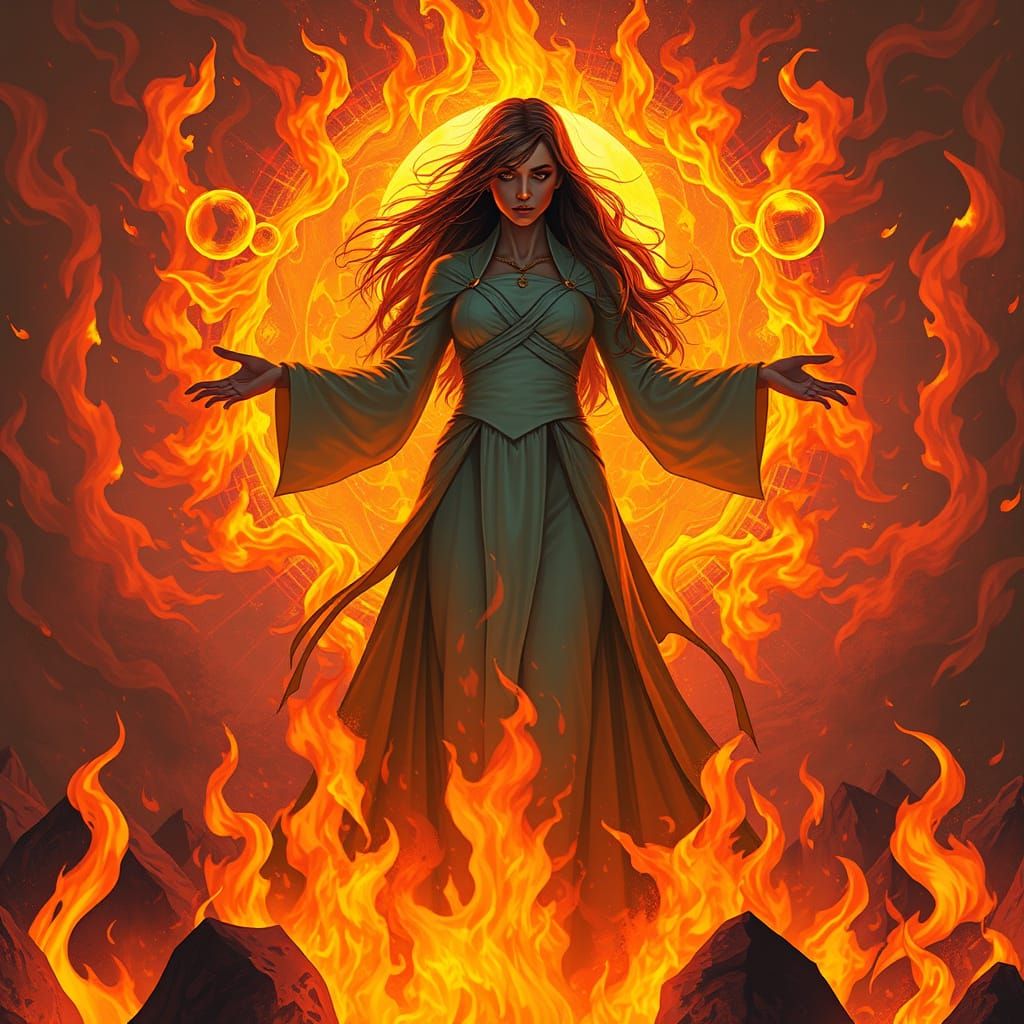 Woman in Flames: Retro Sci-Fi Digital Art