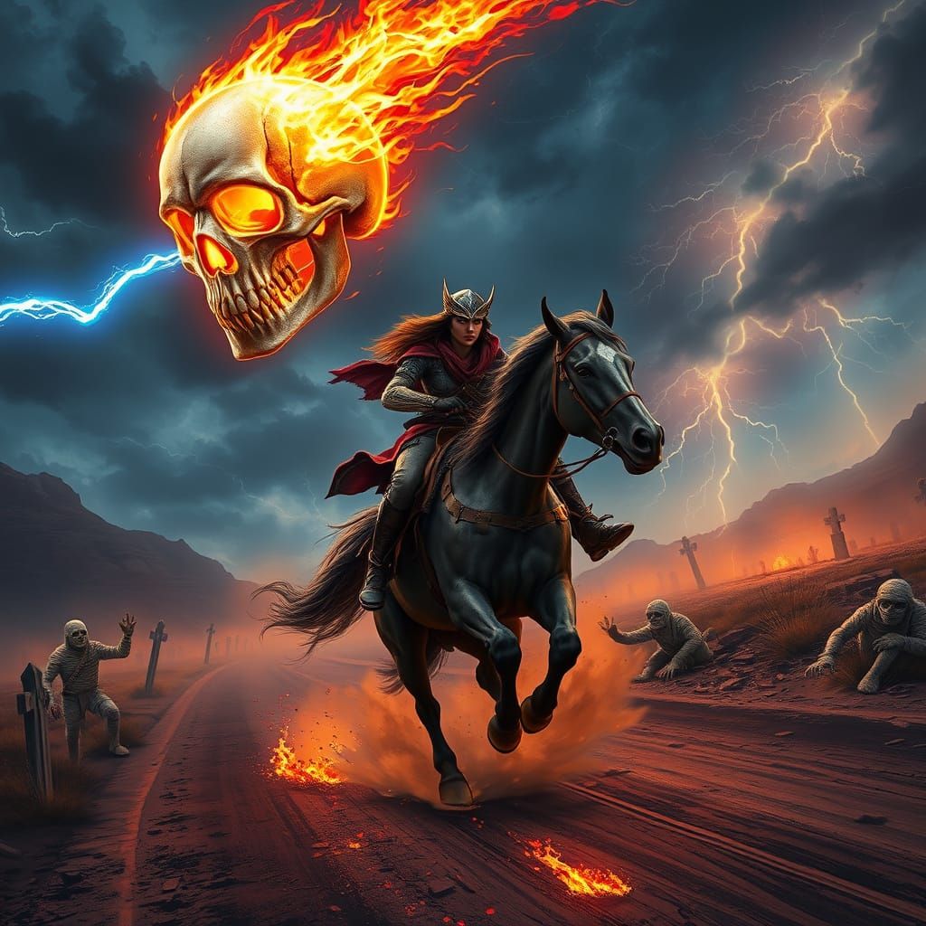 Fiery Comet Skull Pursues Warrior-Cowgirl in Dark Fantasy