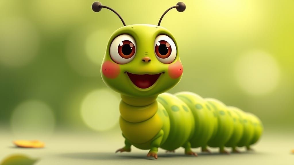 Excited Cartoon Caterpillar with Soulful Eyes