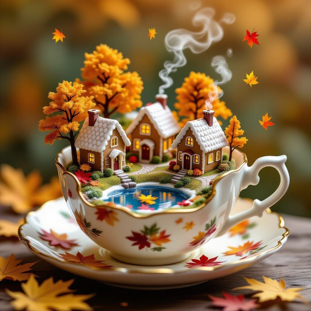 Miniature Autumn Village in a Teacup
