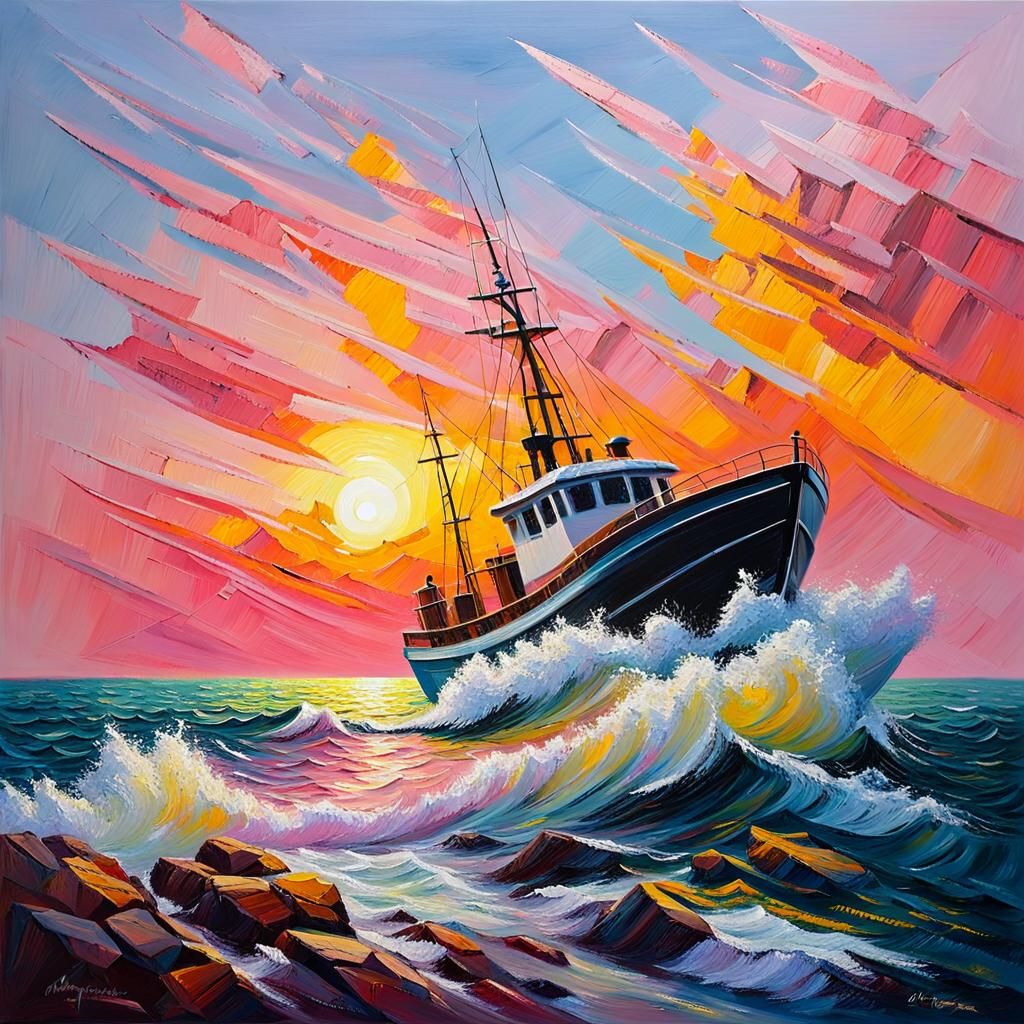 Impasto painting: The boat at sea