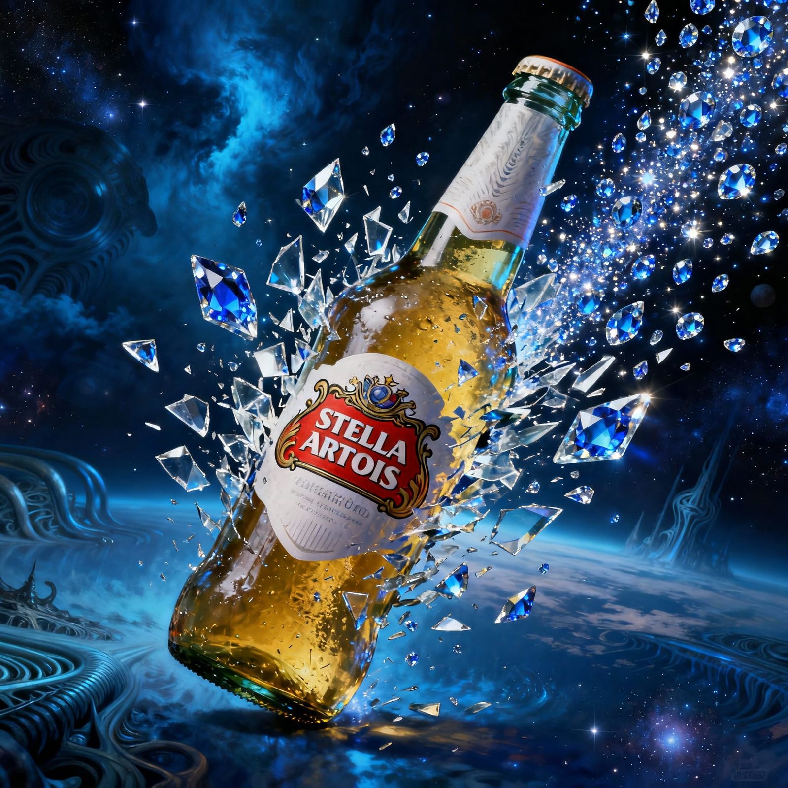 Stella Artois Bottle Explodes Into Sapphire Shower