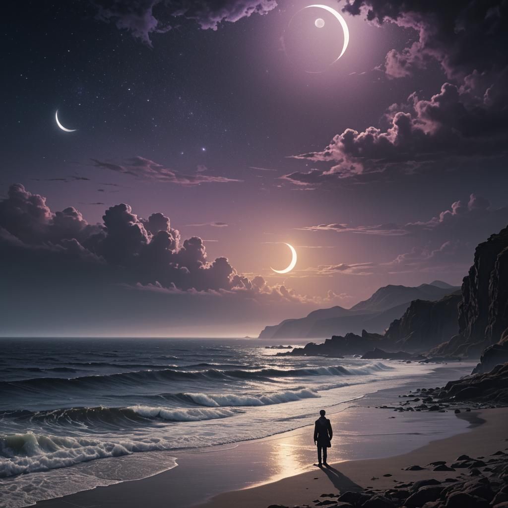Fantasy Shoreline Under Crescent Moon in Dramatic Lighting