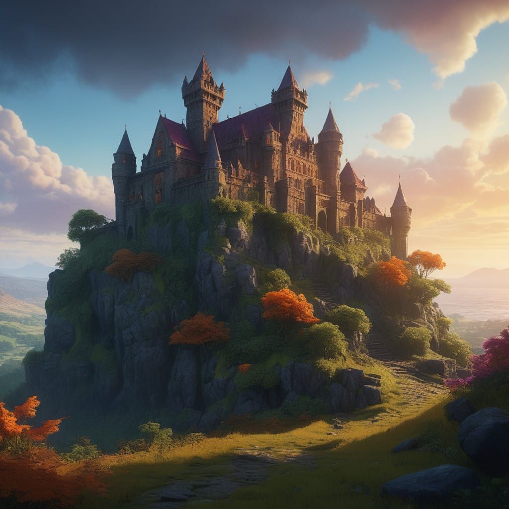 Medieval Castle in Vibrant Summer Sunset