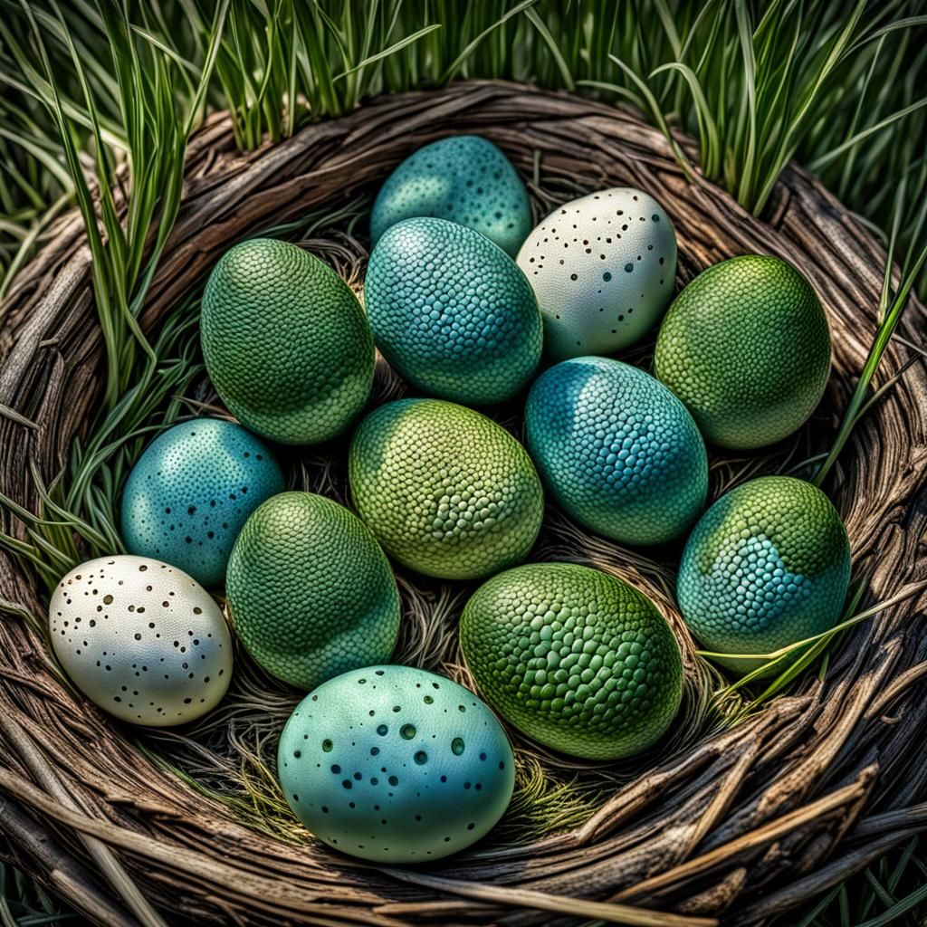 Hyperrealistic Reptilian Eggs in Woven Nest