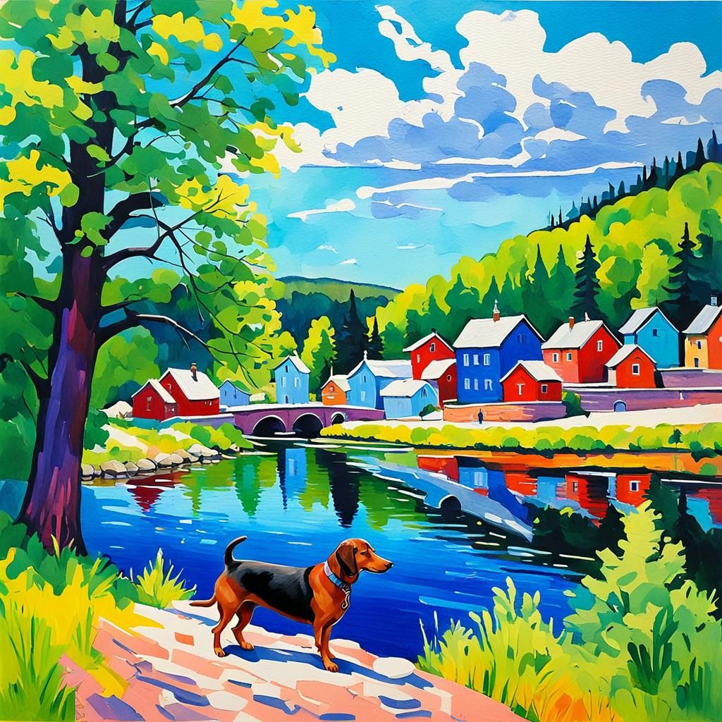 Dachshund in Finland, Gouache Impressionist Painting