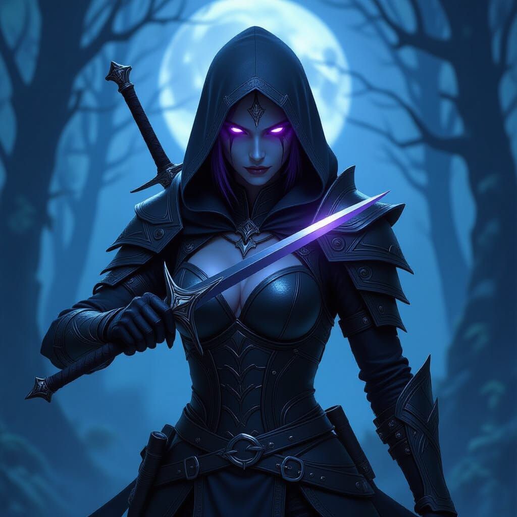Dark Elf Assassin in Moonlit Forest - Dark Fantasy Concept A...
